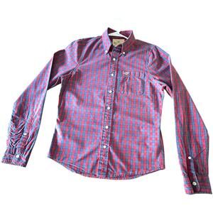Hollister Men’s M Button Down Shirt Red Blue Check Long Sleeve Casual Excellent